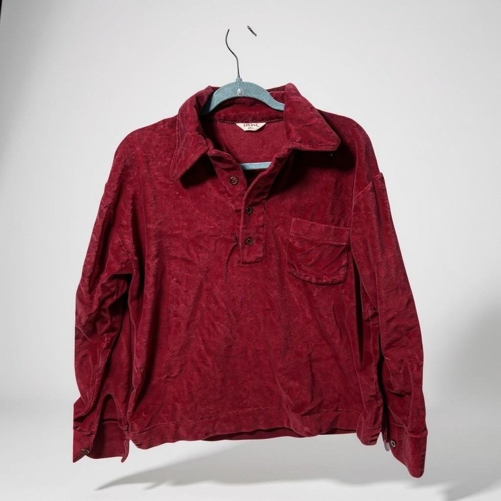 Vintage‎ Burgundy Velour Polo Shirt Long Sleeve Collared Pocket Size L